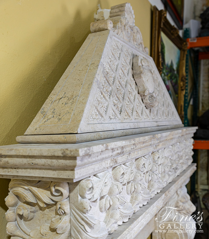 Marble Fireplaces  - Lion Themed Mantel With Overmantel In Light Travertine - MFP-1734